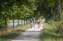 Eine Radlerfamilie ist bei Altessing auf dem Altmühltal-Radweg unterwegs. Der Weg ist von Bäumen gesäumt und rechts lugt der Ludwig-Main-Donau-Kanal durch.